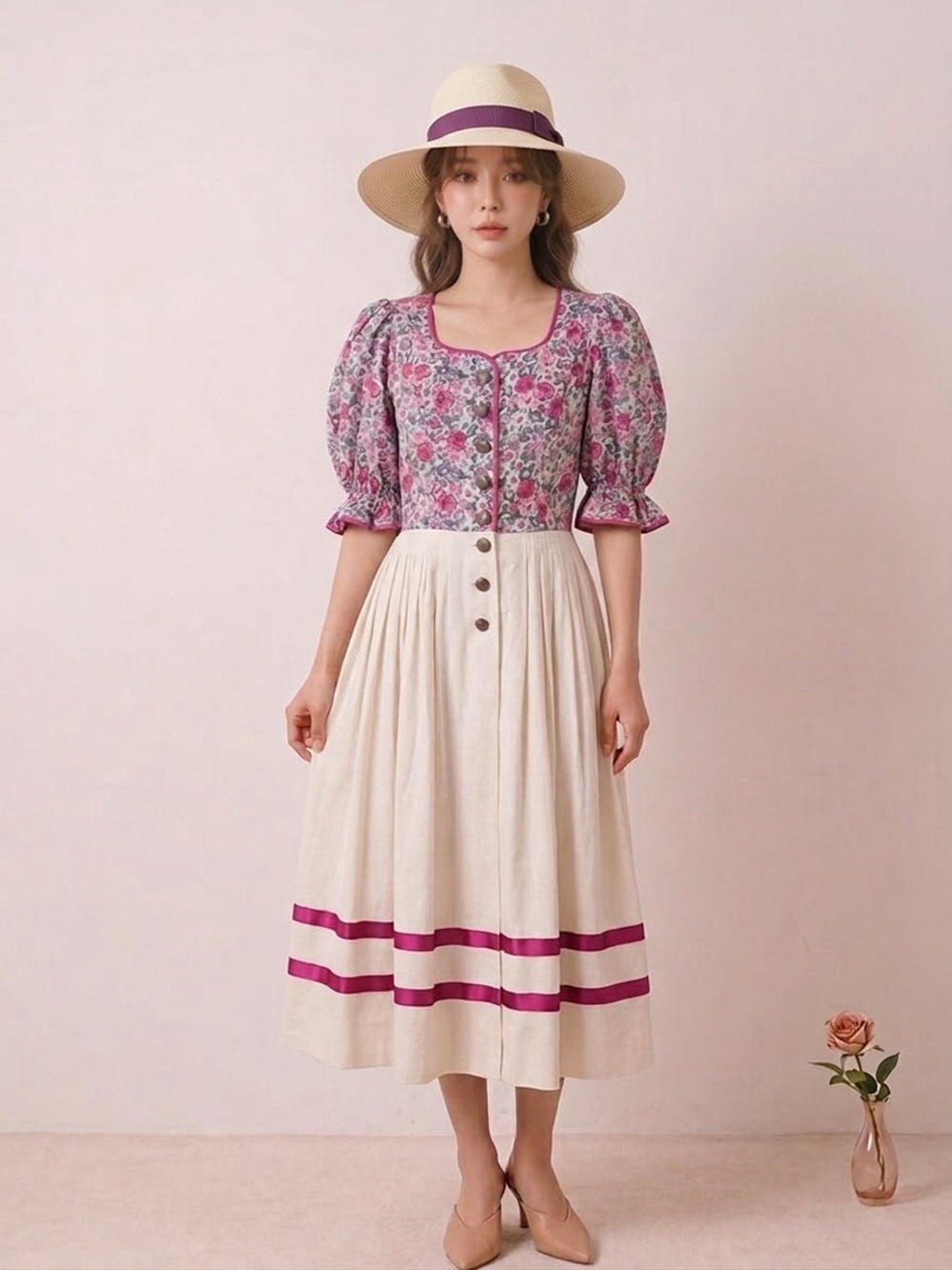 🌸 Vintage Chiemsee Dirndl Trachten Pink Floral Cotton-Linen Dress